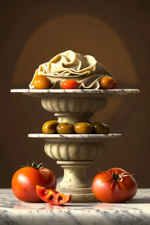 renaissance style still life composite, dish of Raviolis with natural tomato, albahaca, olives, olive oil. moisture, art, natural, ornaments, ceramic, marble, high kitchen, smooth, gradient color background, unreal engine 5, ray tracing, RTX, lumen lighting, ultra detail, volumetric lighting, 3d.