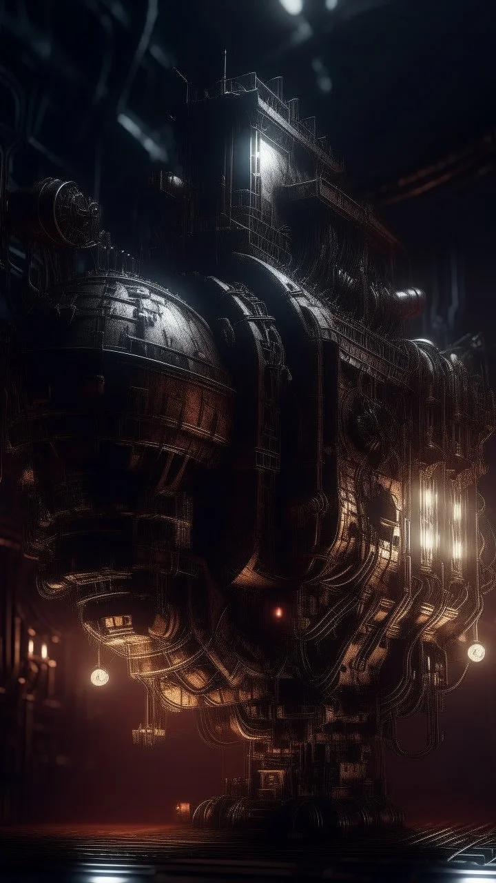 Si-Fi, The ship engine , atmospheric lighting effects, intricate industrial details, moody atmosphere, eerie grimdark ambiance, complex motherboard accents, speculative fiction art. Bokeh