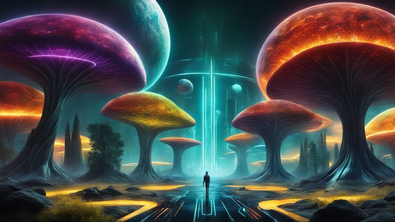 hyper realistic, tron legacy movie, aliens creatures, space ships of the future, city of the future, green nad dark red trees , forest, yellow, blue, purple, orange, space, planets, god status creations of the universe