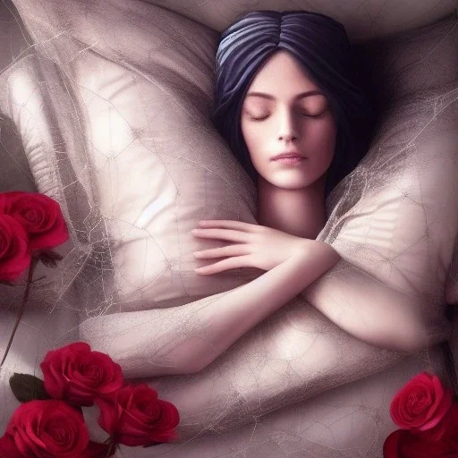 woman sleeping on satin pillow with spiderwebs covering face and hands crossed against chest holding roses, 8k, high-quality, fine-detail, intricate, sharp, crisp, digital art, detailed matte, illustration, octane render, brian froud, howard lyon, Anne Dittman, Anne Stokes, Lisa Parker, Selina French