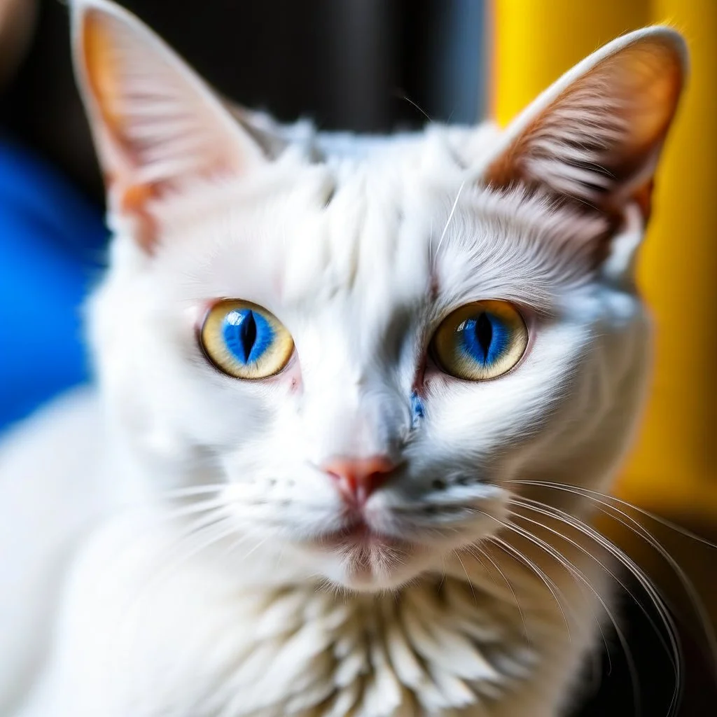 a white cat with one blue eye and the anther eye is colored honey in the school