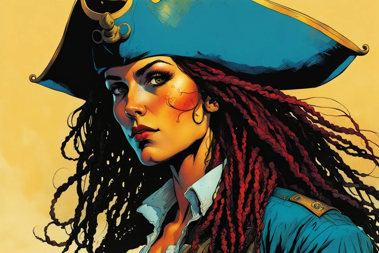 create an imaginative female, ornately dressed Turkish pirate with finely detailed facial features, short dreadlock hair, in the comic book art style of Bill Sienkiewicz, Mike Mignola, and Jean Giraud Moebius, finely textured, drawn, colored, and inked