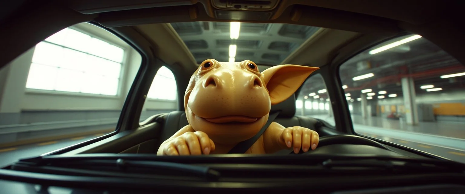 car driving happy 2d anime fluffy slimy alien hippo gremlin man in the style of Escher and Giger and Fallout 4, pinhole cam, airbrush 3d rendering, on tv screen:A five-second cinematic single take in a clean industrial presentation hall.