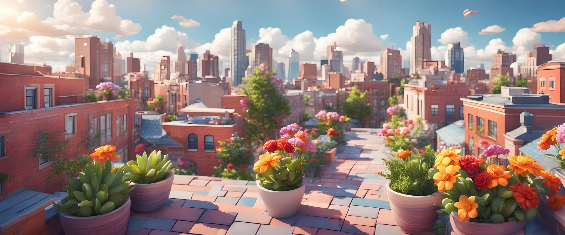 Background: rooftop overlooking a fun colorful city on a bright sunny day landscape, clouds, plants, paved sidewalk, 3d cartoon asset, clean Details: colorful flowers, bricks, string lights, modern American city, quirky angle shaped buildings. Camera: frontal angle, 90°, 50 mm. Lighting: high noon sun, LED lights. 3d asset, cartoon style