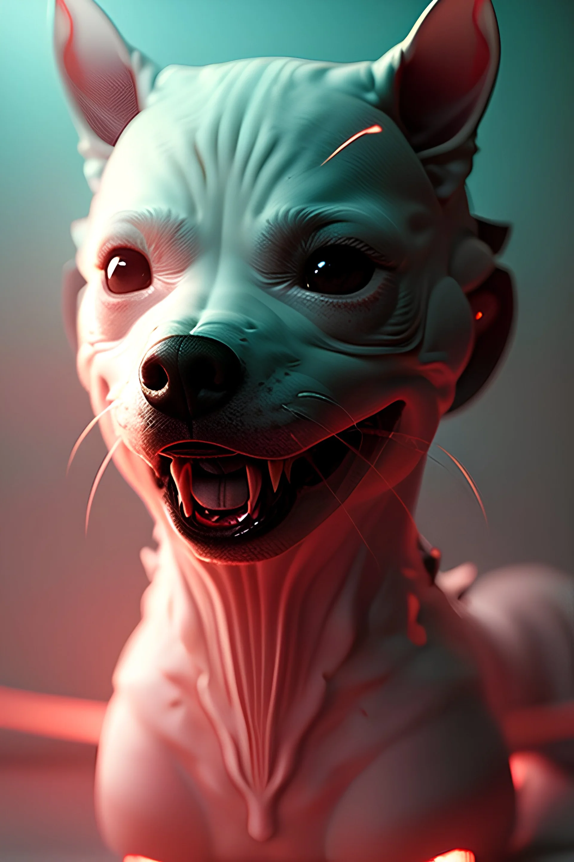 Demonic dog, realistic face, soft, delicate,intricate, cyberpunk, powerful, horror, sharp focus, octane render, post-processing, epic composition, elegant, studio lighting, fiona staples, mandy jurgens, david finch, guillermo del toro