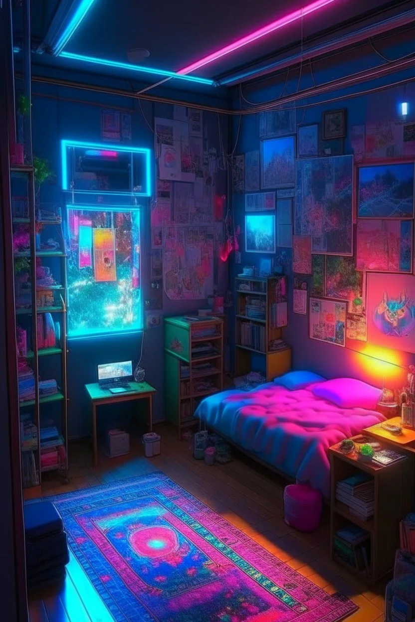 a drawing of the girl's room is adorned with neon and light up posters, in the style of anime aesthetic, webcam photography, studyblr, ultra detailed, trenchcore, use of screen tones