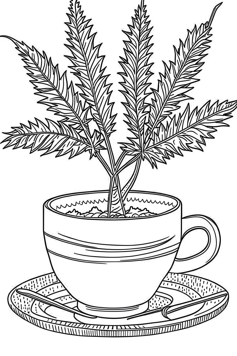 Outline art for coloring page, A MARIJUANA JOINT WITH WHISPS OF SMOKE NEXT TO A JAPANESE CHAWAN TEACUP, coloring page, white background, Sketch style, only use outline, clean line art, white background, no shadows, no shading, no color, clear