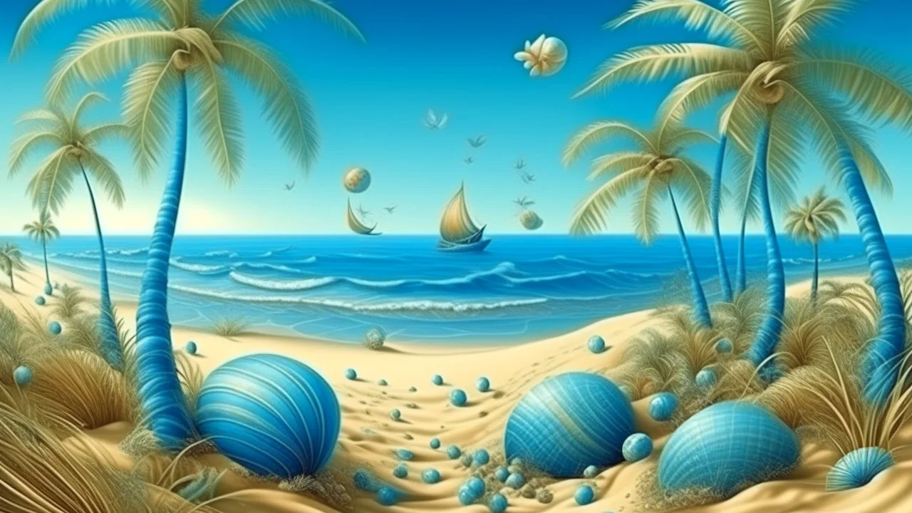 A blue beach with seashells and palm trees in Surrealism art style