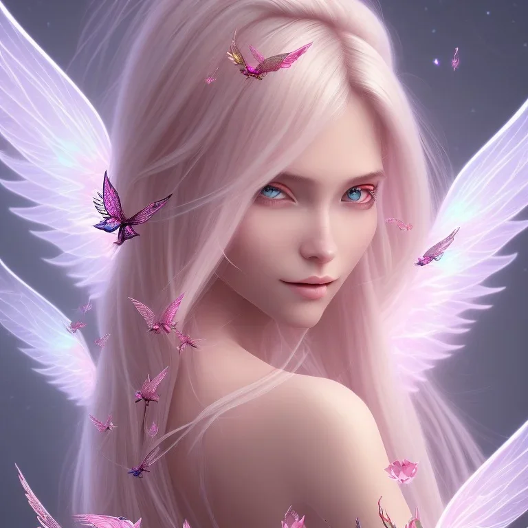  beautiful, soft, big smiling face, pink and brilliant atmosphere, long straight blond hair, big fairies transparent wings in the back