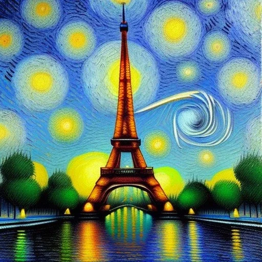 Dibujo al oleo de Paris con nubes de colores estilo Vincent van Gogh