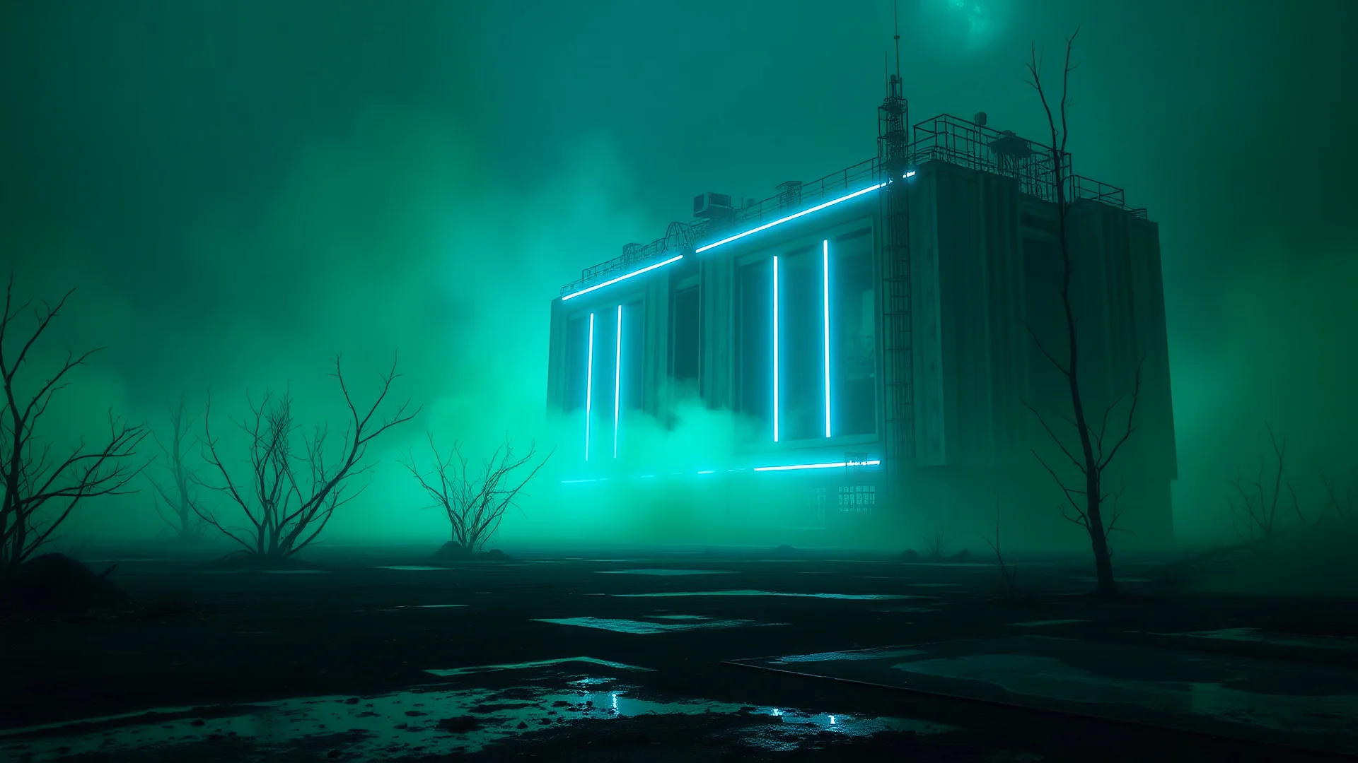 um cenário desolado e sombrio, ambiente ao redor parece ser uma paisagem futurista com neblina verde. A sensação geral é de abandono e mistério, o ambiente com prédio imenso com luz neon azul e neblina neon agora inativo forte com a escuridão do cenário.