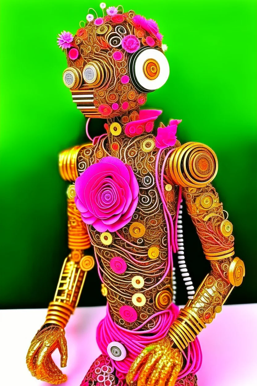 "AI, the Universe, and Everything"; is a pink gold metallic robot wearing a designer suit decorated with quilling found in nature such as feathers, foliage, flowers, and shells; Abstract art; Mixed Media; quilling