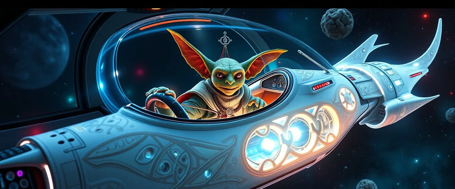 portrait of space captain, gremlin, priest psycho, in cockpit, celtic knot hollow tube transparent core ornate indented space ship, shiny bright mega ship flourescent white blue like bubble gum with a few big windows and decks, interdimensional twister, rock against colored spaced fog, space interior. split tail, winged serpent, glowing aura