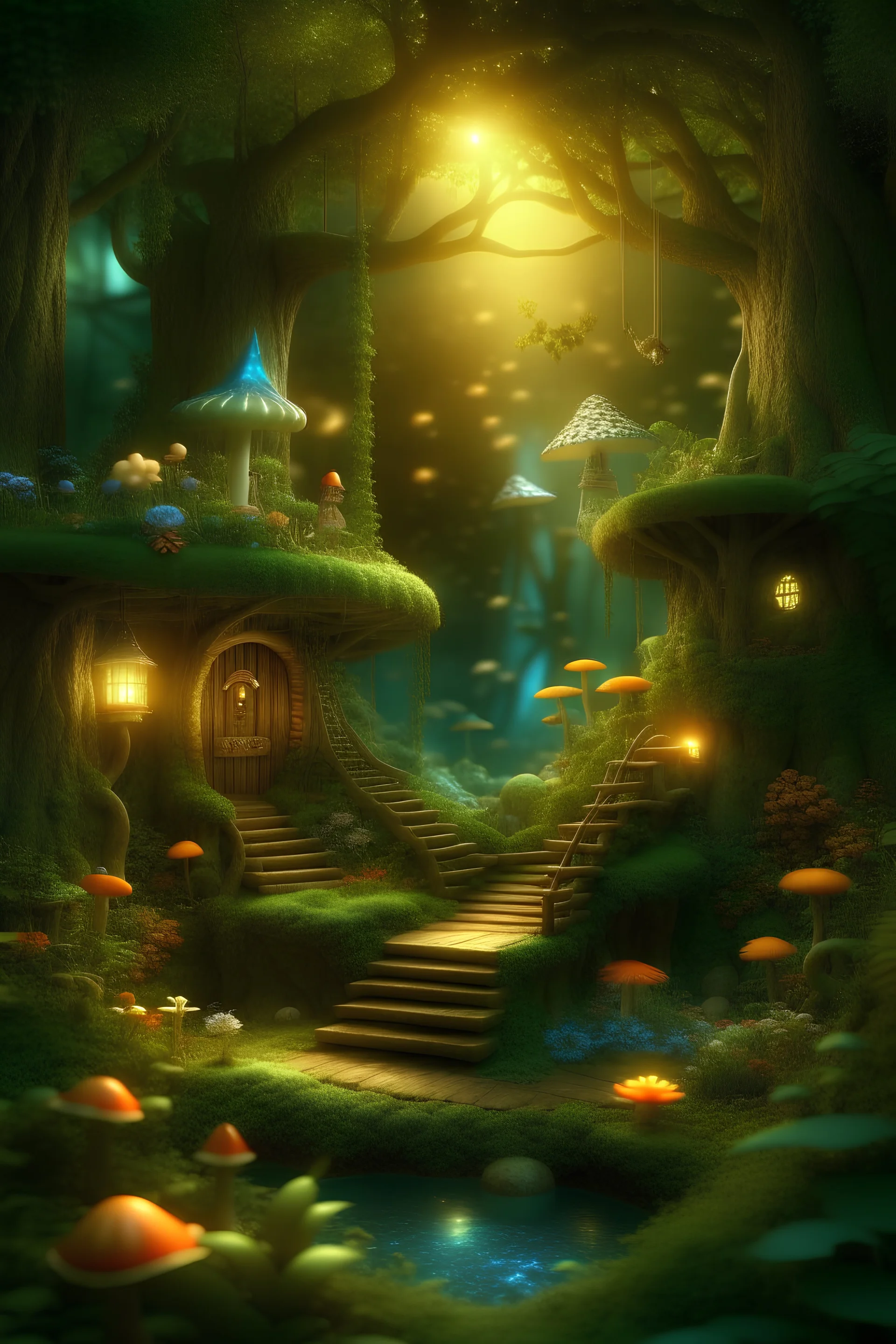 Enchanting forest with magical creatures, towering trees, and hidden pathways. Imagine a world where fairies, unicorns, and friendly woodland animals coexist.