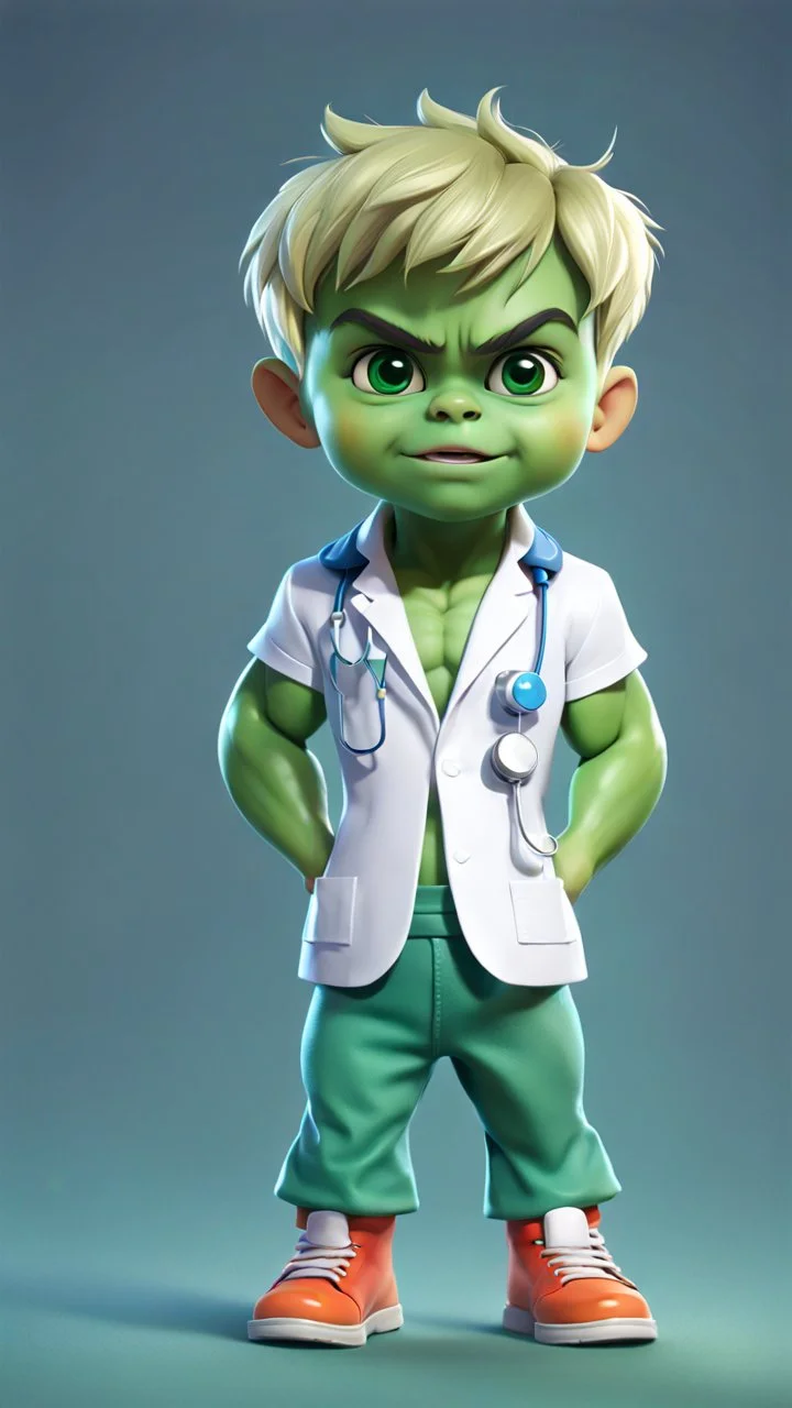 Lovely little baby hulk, full body portrait of cute little chibi boy looking at the camera realistically, dressed as a doctor, bright colors make octane popular on artstation, solid color background wall, lovely, cute, 3D rendering, cute pixar, inspired by Do cheung, blonde boy, andrew dixon, realistic, 3d, anime style, well shaded, smooth, pixar.