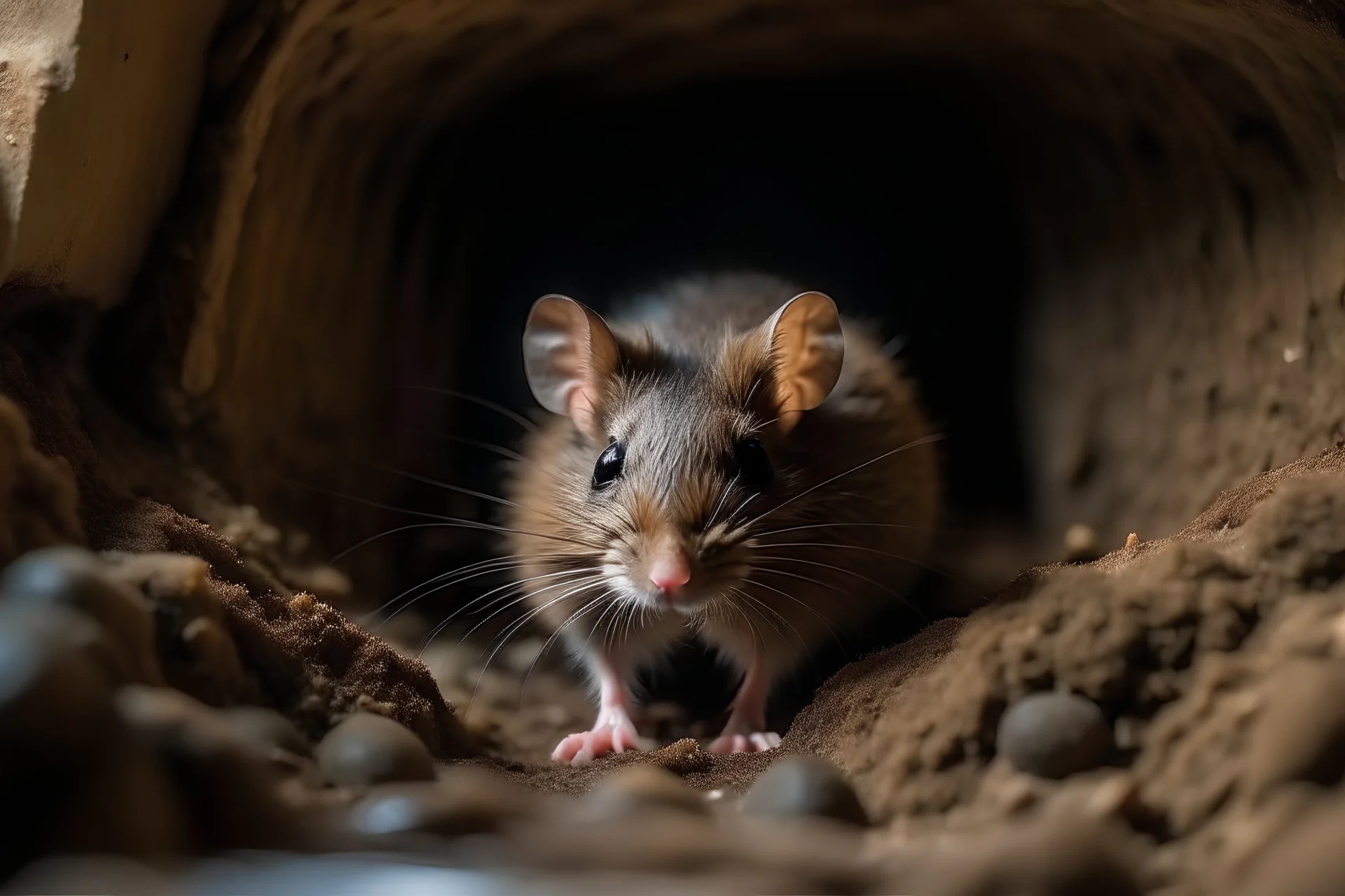 A brown mouse digs a tunnel underground