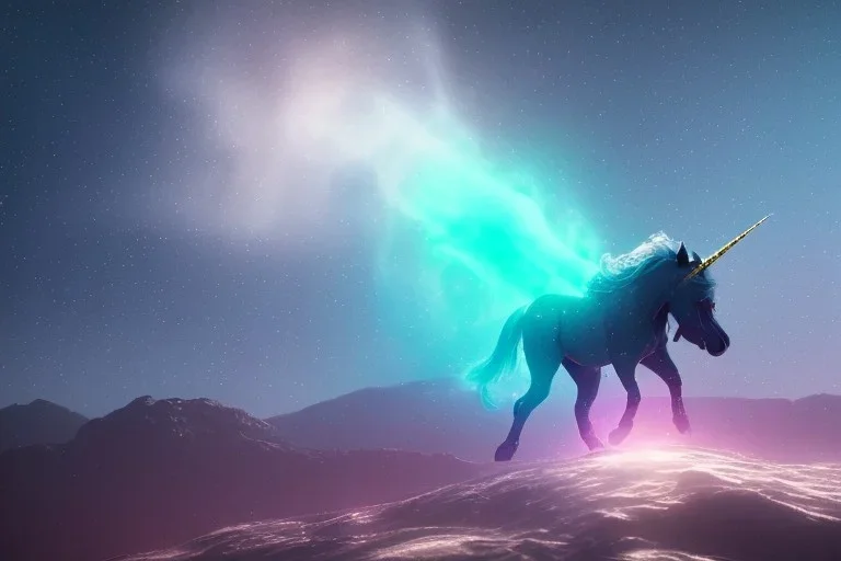 one glowing unicorn in space,nebula in the backround, Christmas theme .