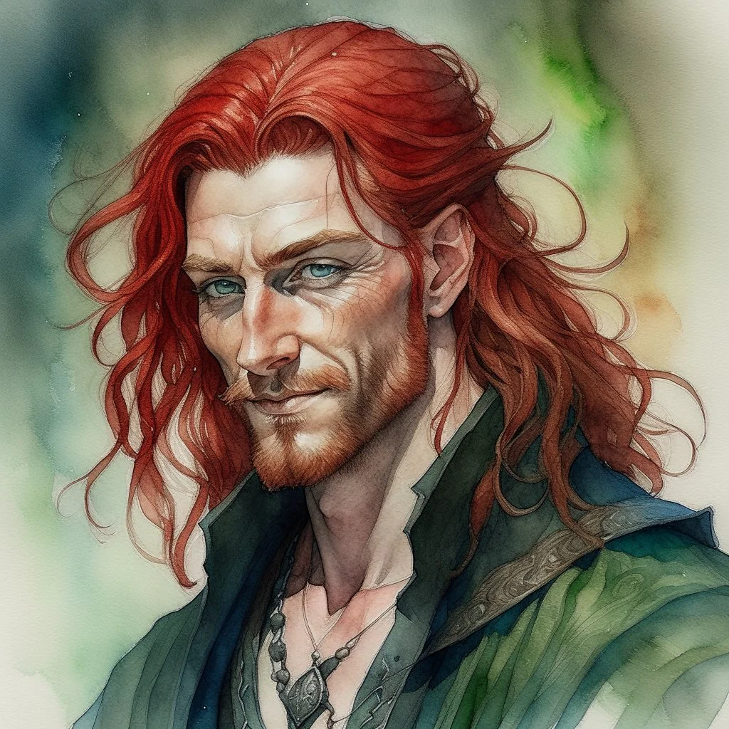 dnd, fantasy, watercolour, large strokes, stylistic, portrait, illustration, dull colours, male, face, narrow long face, weathered face, green eyes, determined, smiling, red hair, very long hair streaming down the shoulders, lush hair, radiating light, five o'clock shadow, elegant, short small mouth, wide smile