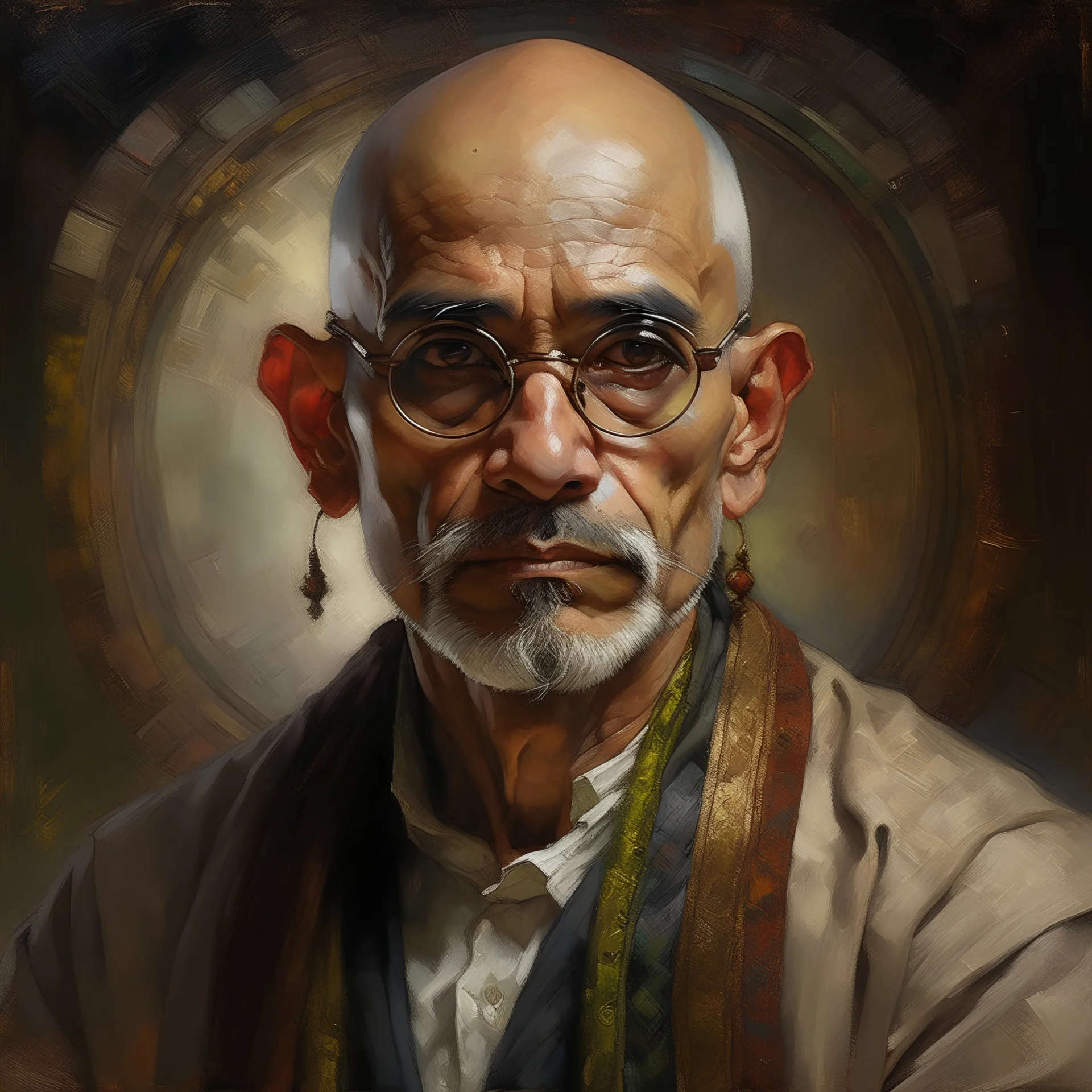 A disheveled yet dignified Indian male lawyer with a bald head, wearing a pair of eyeglasses, is captured in stunning detail on an oil on canvas masterpiece. The intricate strokes bring out the textures of his weathered skin, highlighting the wisdom etched on his face. Surrounded by the artistic brilliance of Wadim Kashin, James Gurney, Alphonse Mucha, Alberto Seveso, and Russ Mills, this captivating image seamlessly blends traditional and contemporary artistry. The richness of colors, from warm