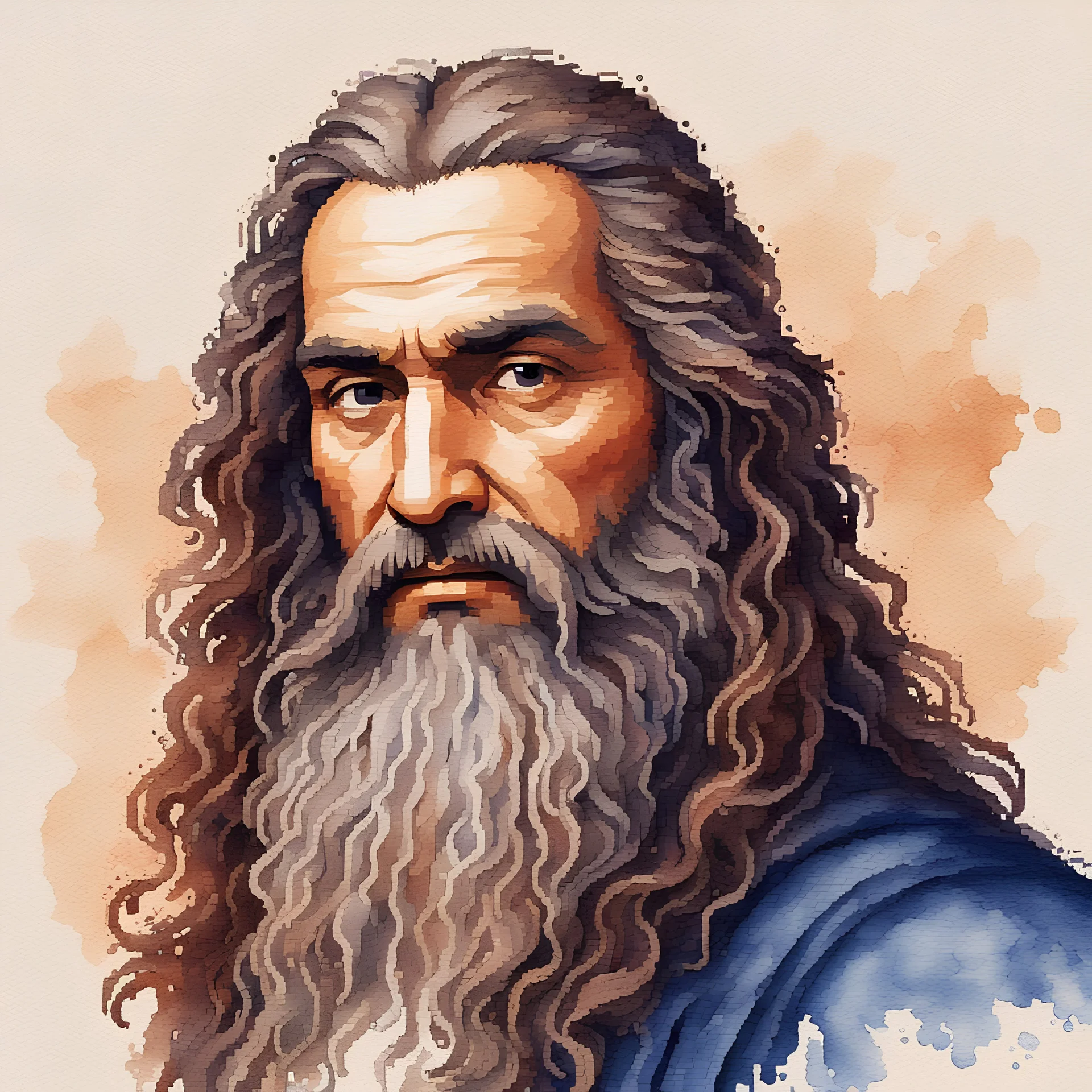 Create a pixel art representation of Leonardo da Vinci, the renowned artist and polymath, in a watercolor style. Capture his likeness with attention to detail, including his iconic beard, flowing hair, and enigmatic expression.