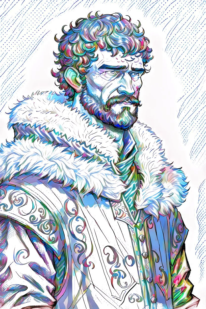 man, age 20, medieval, fighter, russian, croocked nose, czar, rich, simple clothes, short messy hair, thick beard, oligarch, leather coat with fur, colobrocade clothes, pencil drawing, black or red hair, colour, color, farbig