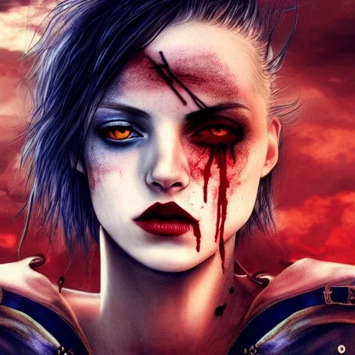 spanish illustrator, hyper realistic, young spanish girl, short hair. blue eyes. lips red with blood. tatoos on neck. dressed in leather and metal bra. Tintoretto ships. pirate movies, high details, thunderstorm. 4k, unreal engine