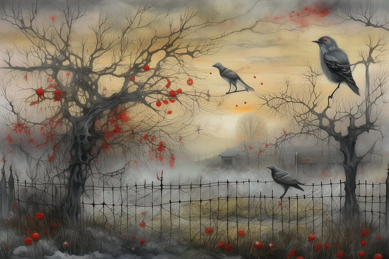 arafed whimsical folk art: post-apocalyptic grey tones, serene overgrown landscape at dawn after the end of humanity, wild plum trees covered in tremulous delicate white blossoms, soft mist and gentle falling rain, a vibrant robin with glowing fiery red feathers perched on a rusted low fence-wire in the foreground, swallows in flight blurred in the misty morning sky, lush green moss and damp dark earth, subtle abandoned decaying wooden posts fading into nature, soft ethereal dawn lighting, cool