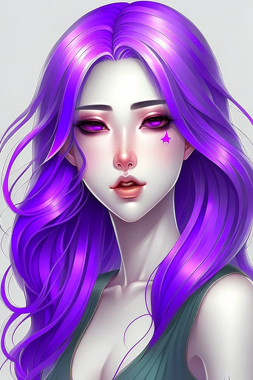 beautiful woman with green eyes and long purple hair anime realistic