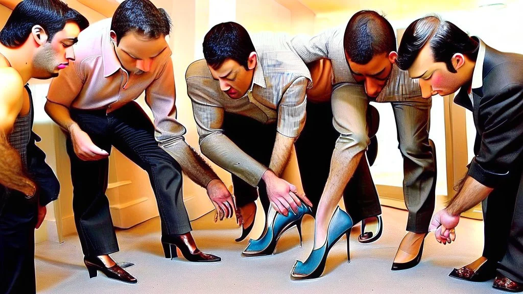 group of men sniff women's high heels