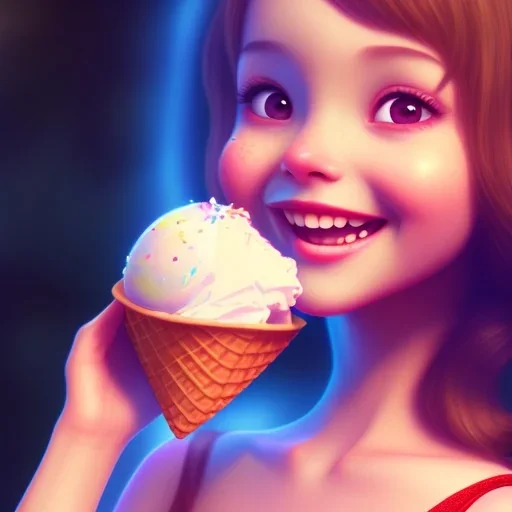 cute, adorable, smiling girl eating ice cream, candies flying all around her, Pixar, disney, cinema lighting, gaming, 8k, magic, love --q 1 --v 4