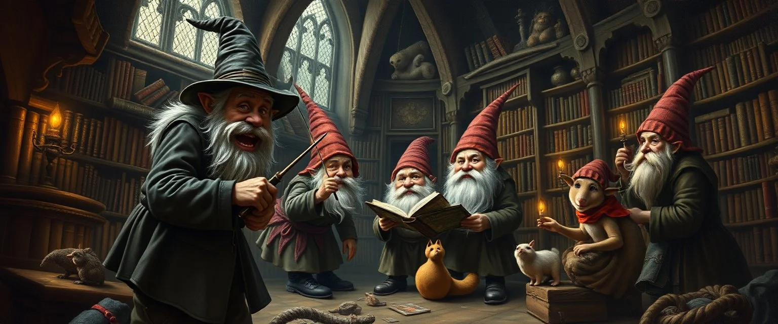 master oil painting by Rembrandt, magia spy gnomes soap opera poster, huge multi level archeive, library, woodland creatures