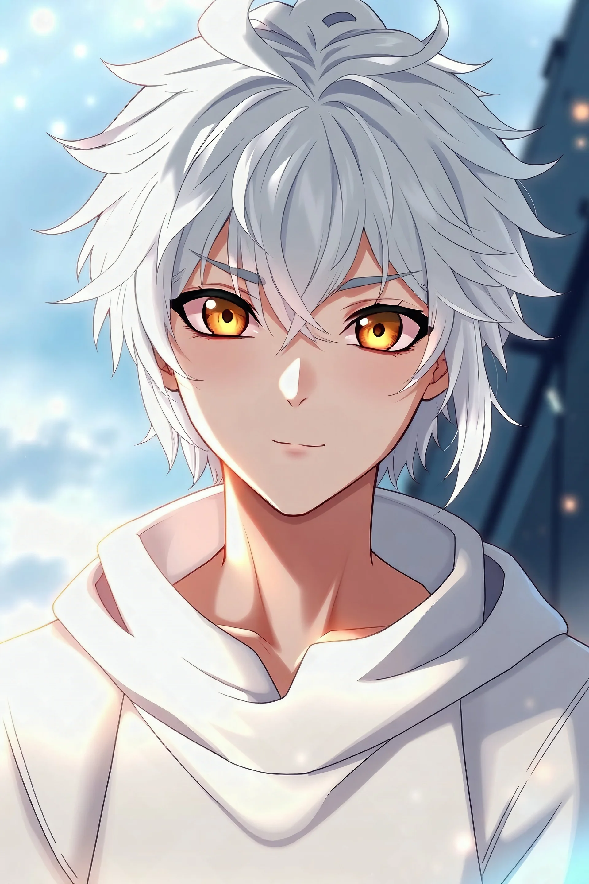 Anime boy with white hair and golden eyes, handsome, pretty and 14 years old