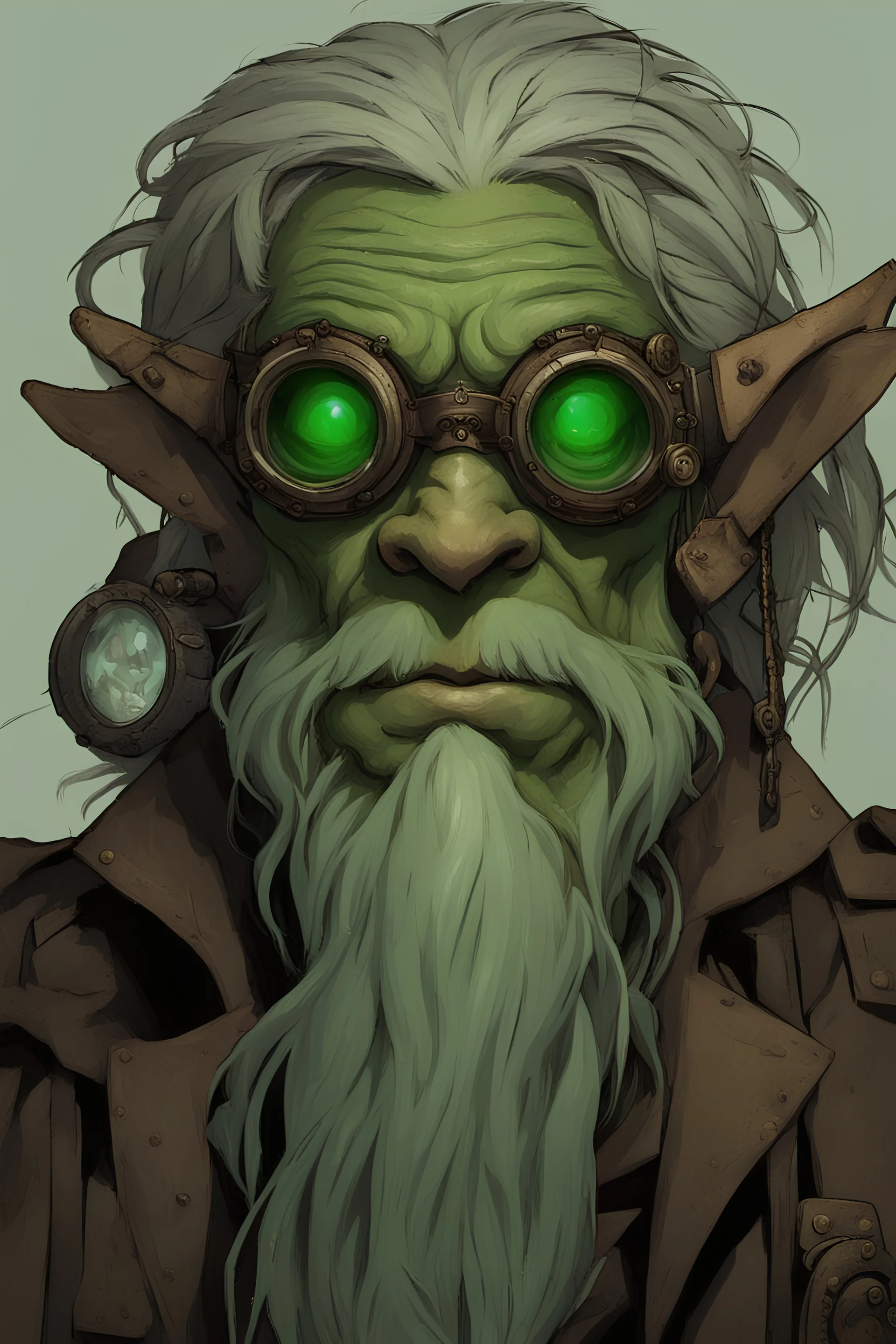 a d&d style old goblin man with long grey hair, light green skin, and bright green eyes wearing steampunk outfit and goggles on his forehead