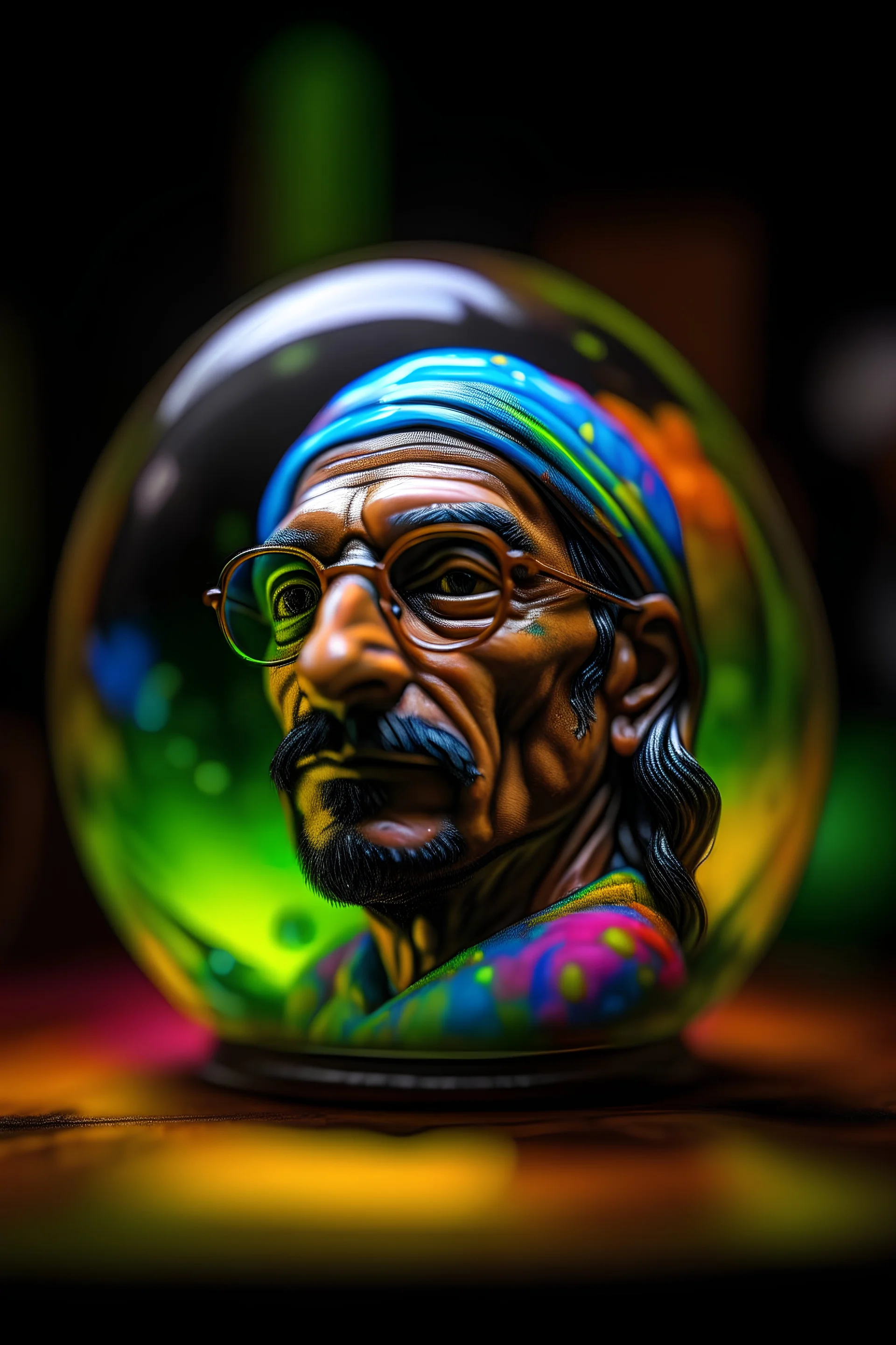 hyper real oil painting portrait of psychedelic snoop dog guru from India watching himself inside a sphere in slimy bubbles and gelatinous background, zeiss prime lens, bokeh like f/0.8, tilt-shift lens 8k, high detail, smooth render, down-light, unreal engine, prize winning