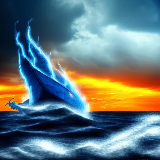 Dragon, ship in storm at sea, waves, blue, storm, clouds, photo realistic, 8k,anatomically correct, fire, flame, orange, sunset