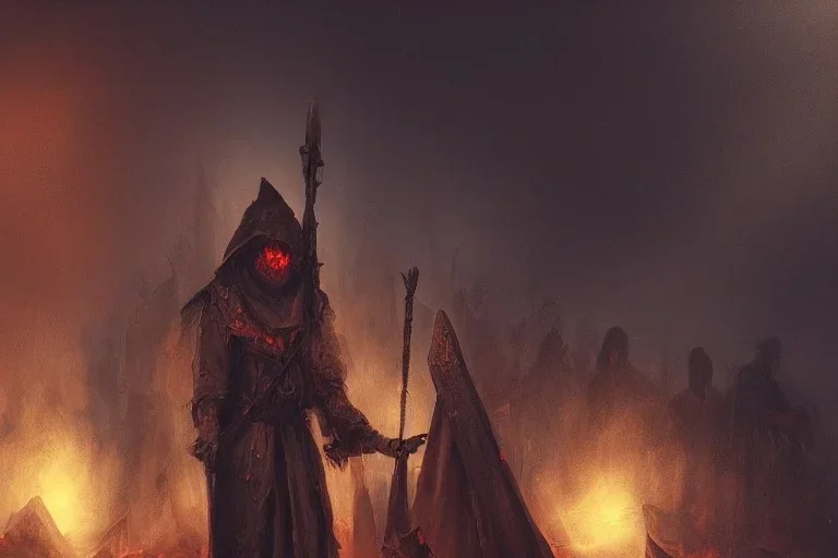 Church executioner, Fire theme art, Dark moody night atmosphere, 8K, high body details, anatomically perfect bod