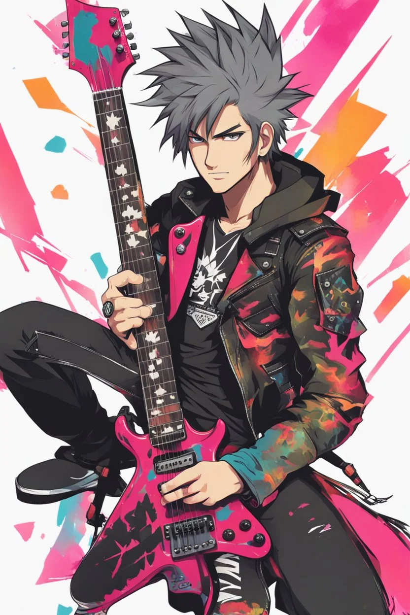 Full body PunkRocker,play guitar electric,with high details, style: Anime coloursfull glowing abstracts