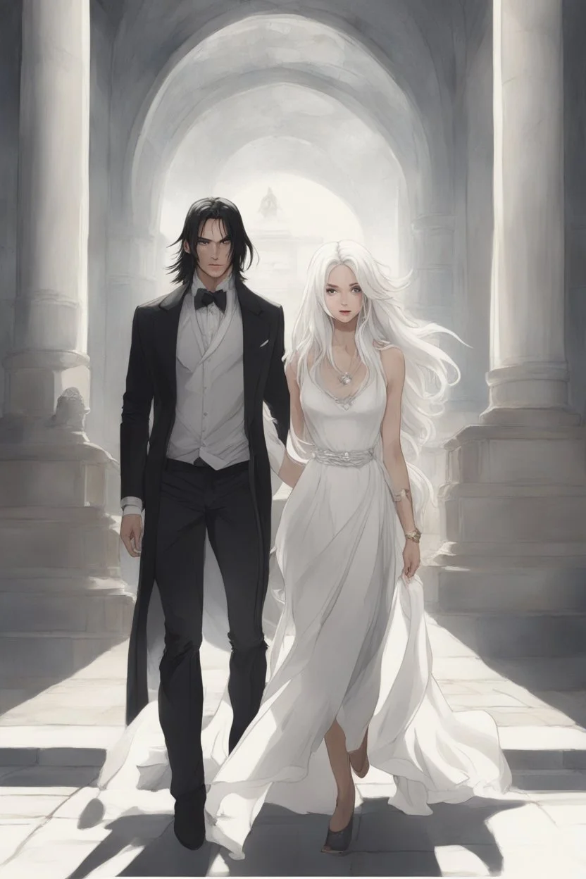 Woman with white hair wearing a white dress, walking down a sunlit stone hall, AND a handsome man in the background lurking in the shadows with long black hair