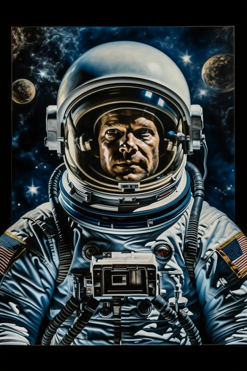 A movie oil coloured poster of an astronaut , looking up camera view for the whole body Michele Anglo style