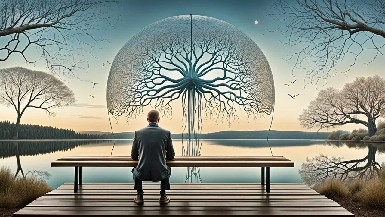 a figure sits with his back to the camera on a beautiful bench in a beautiful landscape and overlooking the water of the nearby lake, calm, harmonious atmosphere, muted, not too colorful colors, Whimsical style and big neuron network in giant dome background on sky, surreal stunning vibe