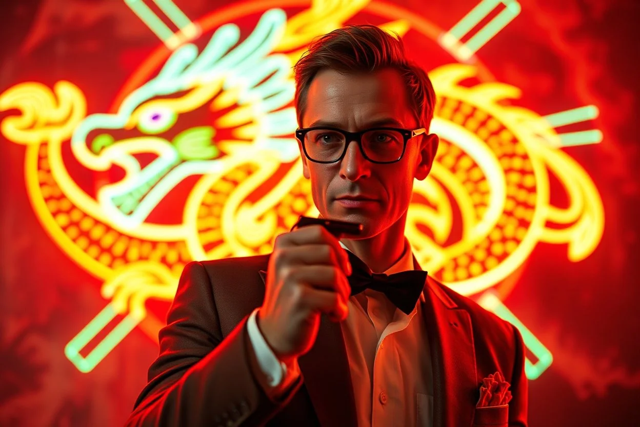 bob saget as james bond the spysex dragon coin multi color neon sign on fire, ultimate psychedelic beauty, wide angle