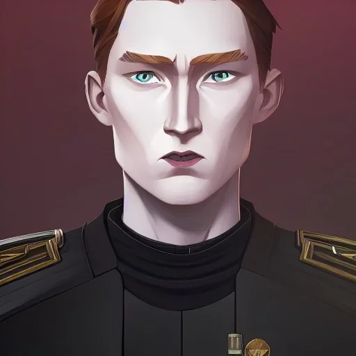 general hux 3/4 view, wearing a black First Order uniform, serious, imposing figure, thick eyebrows, digital art, wearing a black First Order uniform, green eyes, gray background, sepia filter