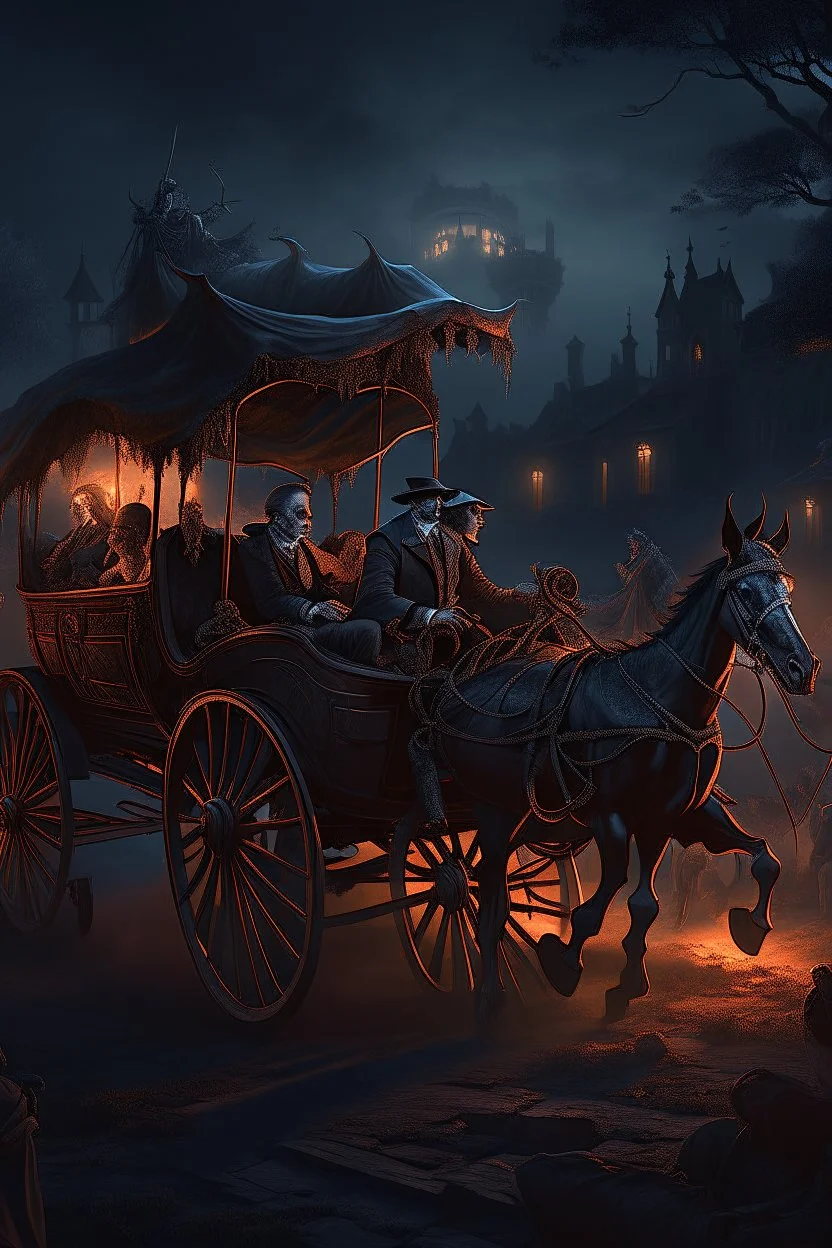 Bosch nightmares paint inf style Title: "Dracula chariot at night, insanely detailed octane render trending on artstation, 8k artistic photography, photorealistic concept art, soft natural volumetric cinematic perfect light, chiaroscuro, award-winning photograph, masterpiece, oil on canvas, Raphael, Caravaggio, Greg Rutkowski, people, beksinski, Giger