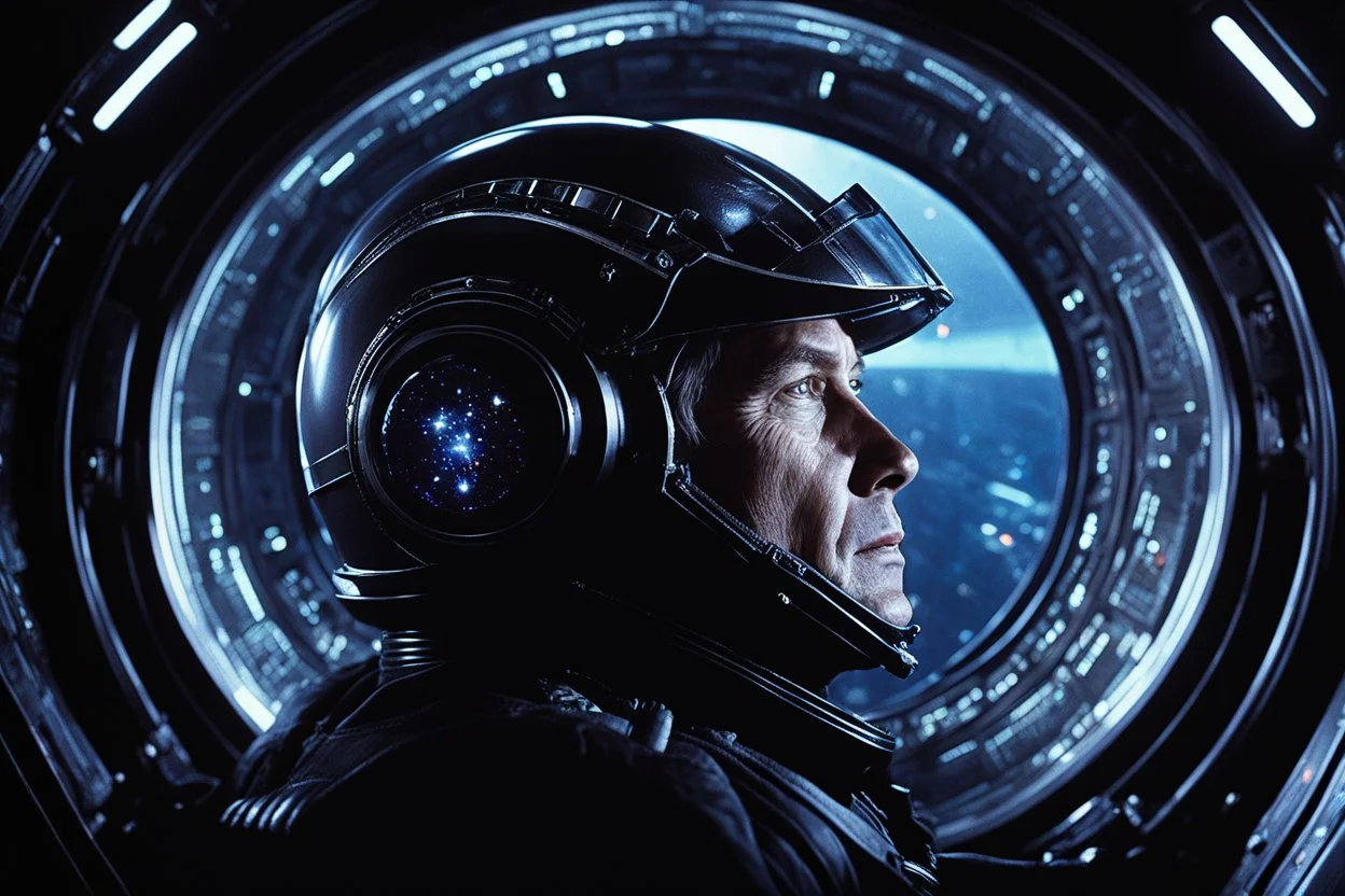 [movie shot by H.R. Giger in Verve colour palette] Cinematic side-profile of a pilot in a futuristic spaceship, slammed into his seat by extreme G-forces. Facial features strain under pressure. A round porthole beside him shows the dark void of space with faint star streaks. Cockpit illuminated by glowing panels and dramatic rim light, high-detail realism.