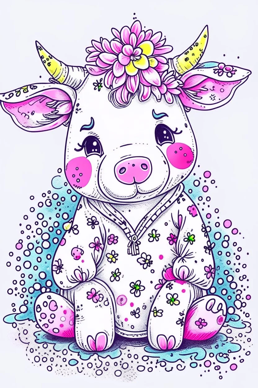 A cute cow dressed in a onezy pajama outfit. The onezy has pink polka dots on and is thick and cozy. She has a flower in her hair