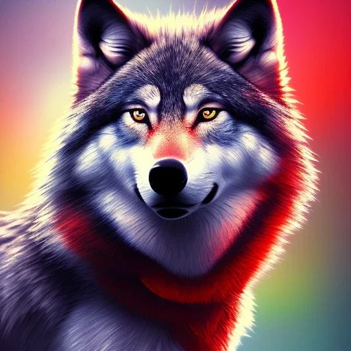 Wolf, red, orange, yellow, green, blue, purple, masterpiece, expert, 8K, hyperrealism, sharp focus, cinematic lighting