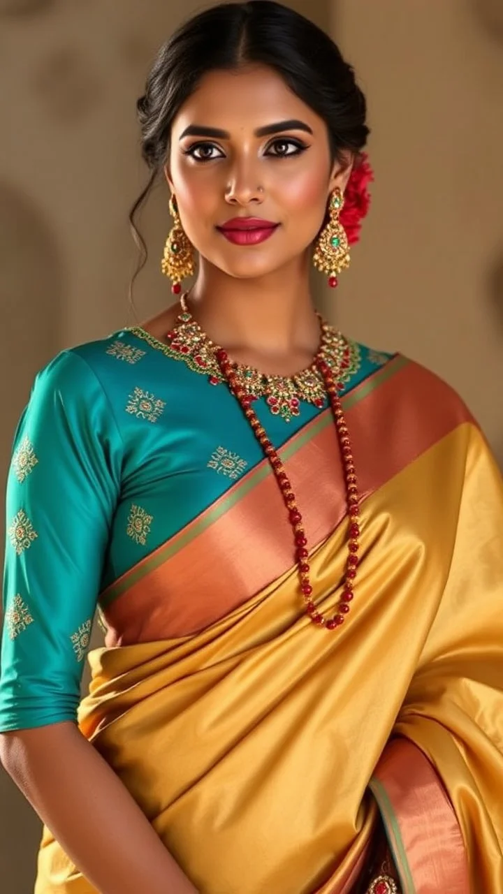 A jewel-toned turquoise blouse with fine gota-patti work, paired with a gold silk saree that shimmers under soft light. Ruby jewelry contrasts beautifully, while warm-toned makeup (bronzed cheeks and coral lips) adds richness.