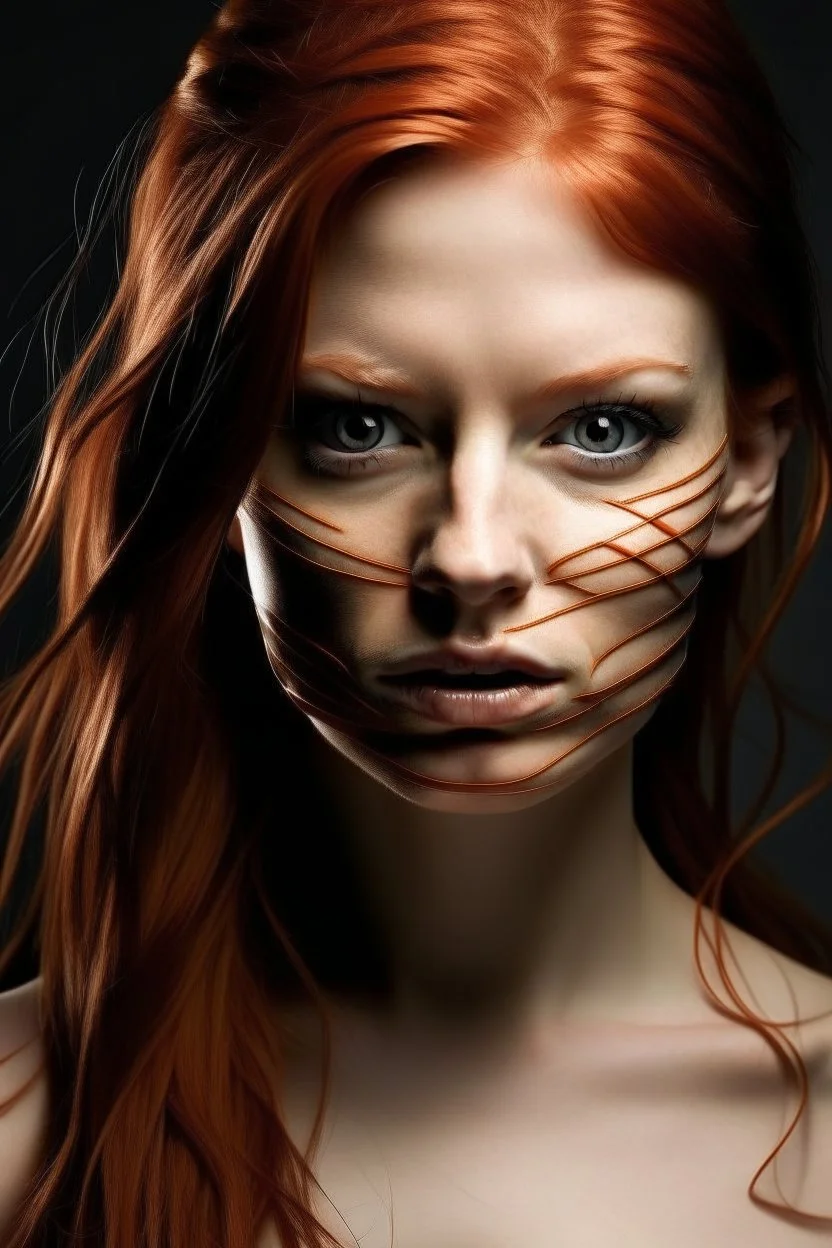 A redhead girl with sculpted abs and tape wrap around her mouth