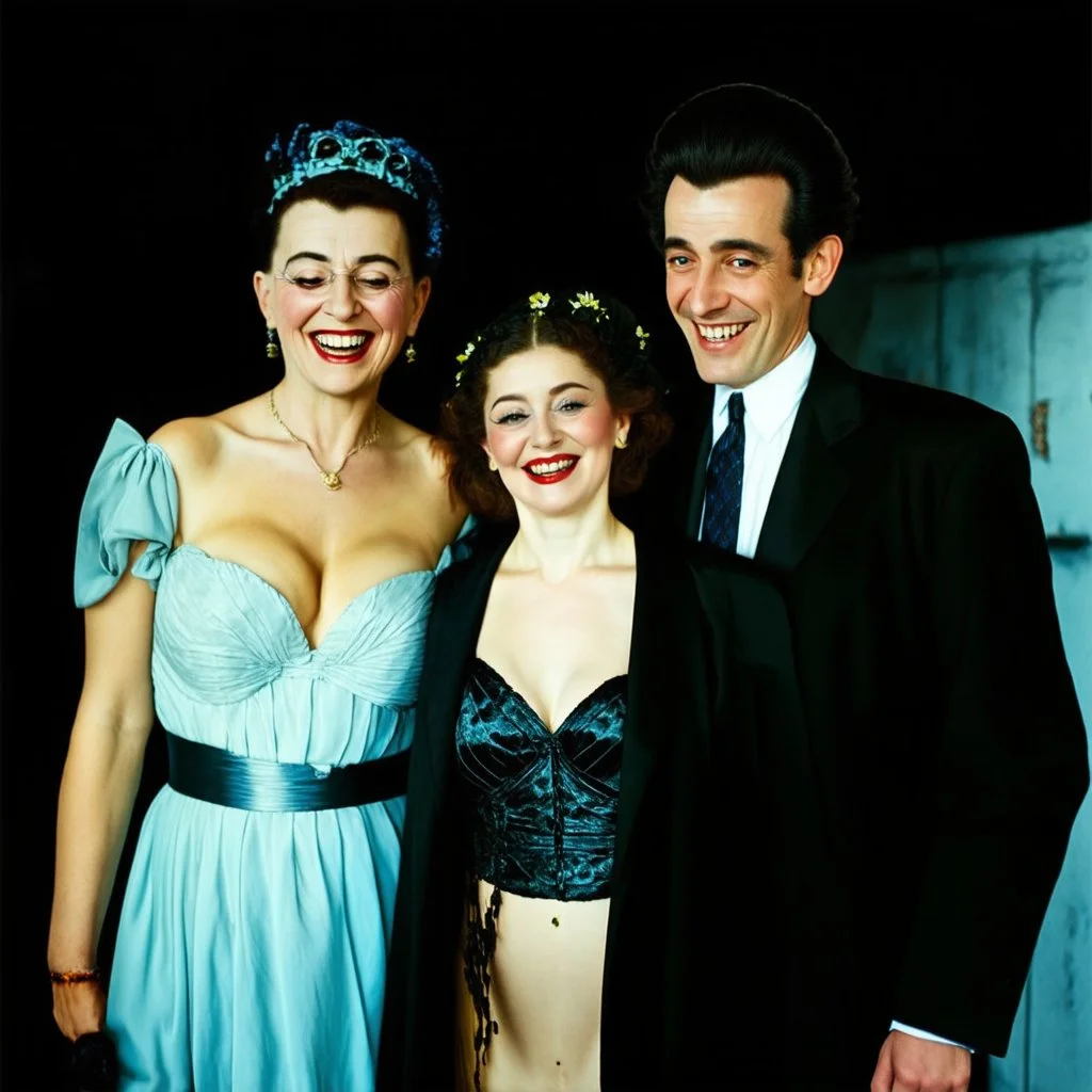 foto Ilford tiltshift surreale di persone con sorrisi enormi, show breast, carnevale, dettagli dei vestiti molto accentuati, misterioso, tenebroso, marcio, macabro, fiotti di liquido nero, Egon Schiele, Caravaggio, Gustav Klimt and Max Ernst style, hypermaximalist figures, light, details of the liquid extremely accentuated, Minicavio Quollati style, photography by Marlost Endgulp, dark atmosphere, 4k, sharp focus