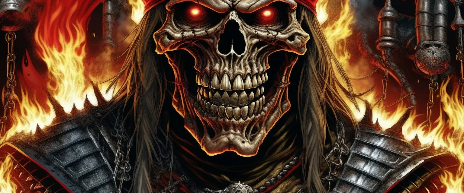 4K. REALISTIC FULL DETAILS. LOGO EMISSION METAL FIRESTARTER SORCIER VAUDOU STYLE IRON MAIDEN